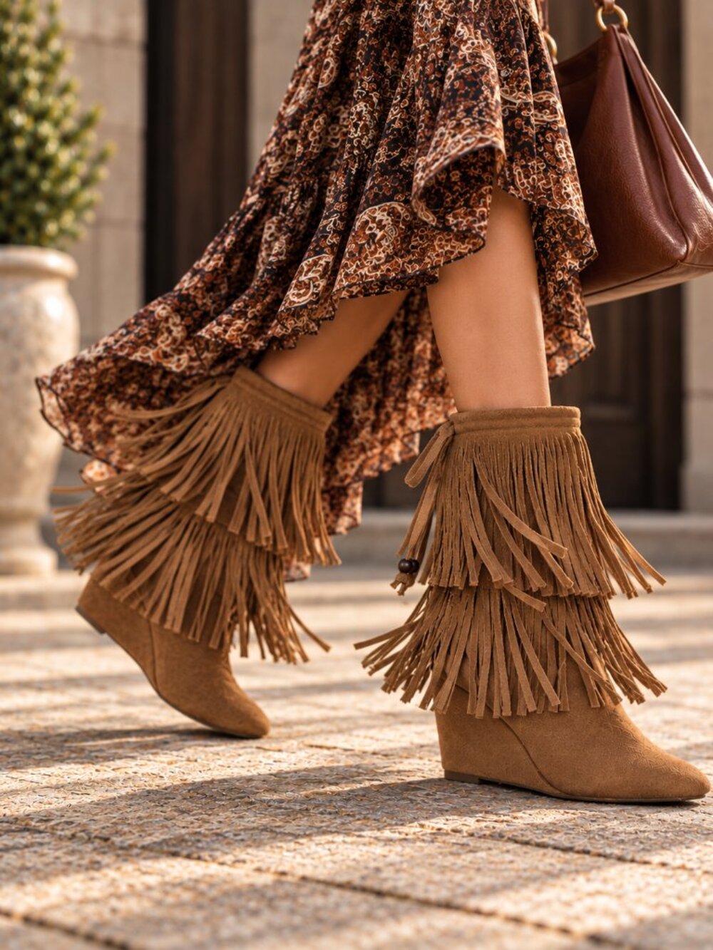 Ralph Lauren Denim & Supply Donata Tan Suede Tiered Fringe Wedge Boots 9B EUC